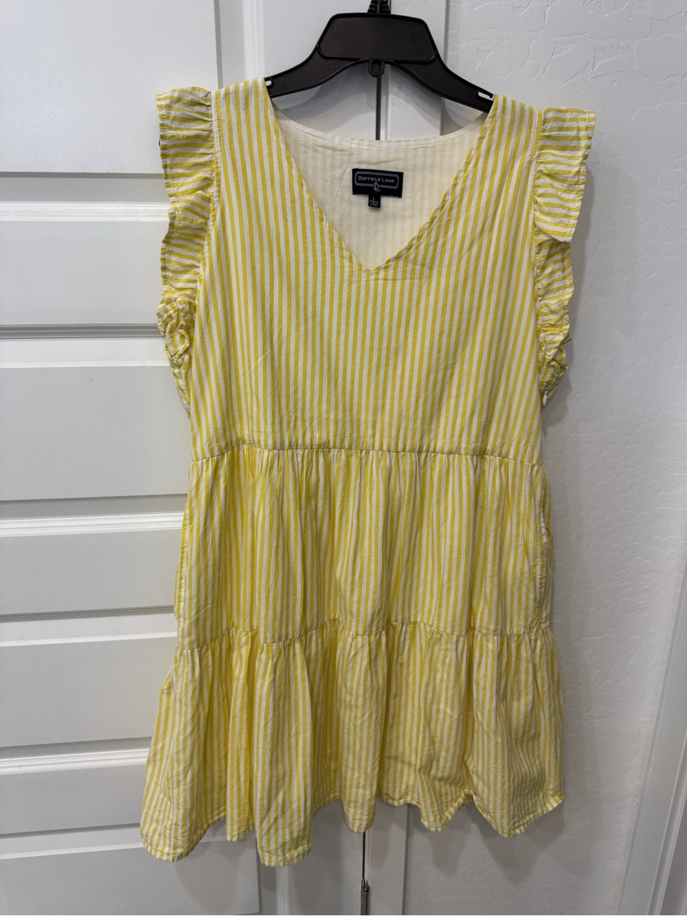 Duffield Lane Yellow and White Striped Ruffle Sleeve Tiered Dress
